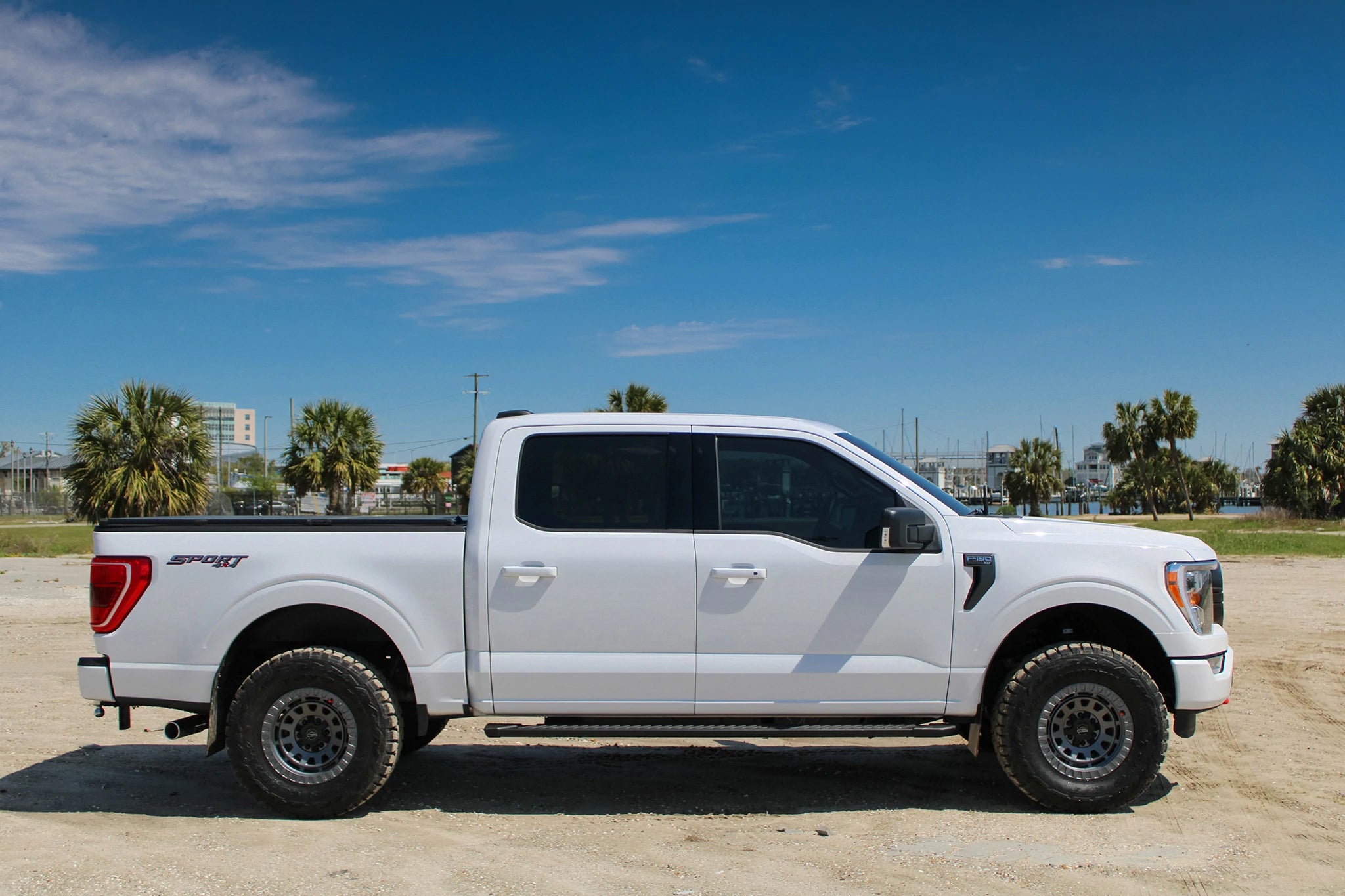 overland sector wheels rig gallery white ford f-150 on 17x9 satin gray venture wheels 2 inch lift 35 inch tires and more