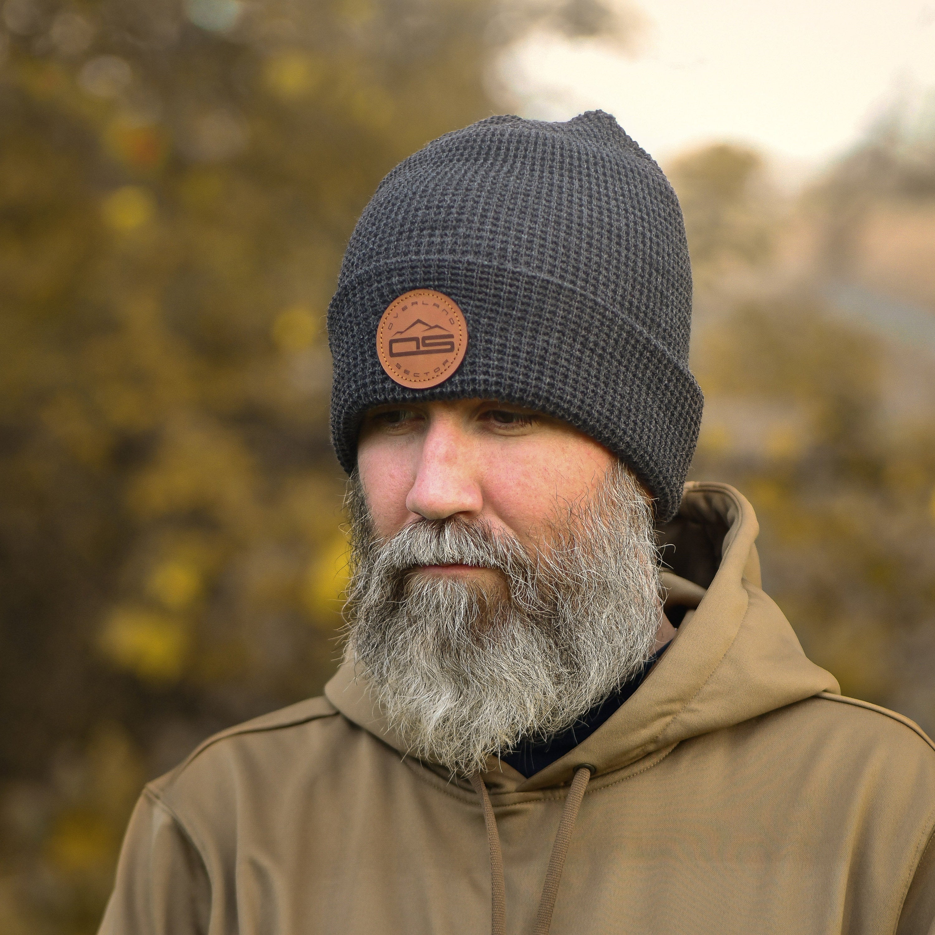 overland sector richardson 146 waffle knit grey beanie brown leather patch