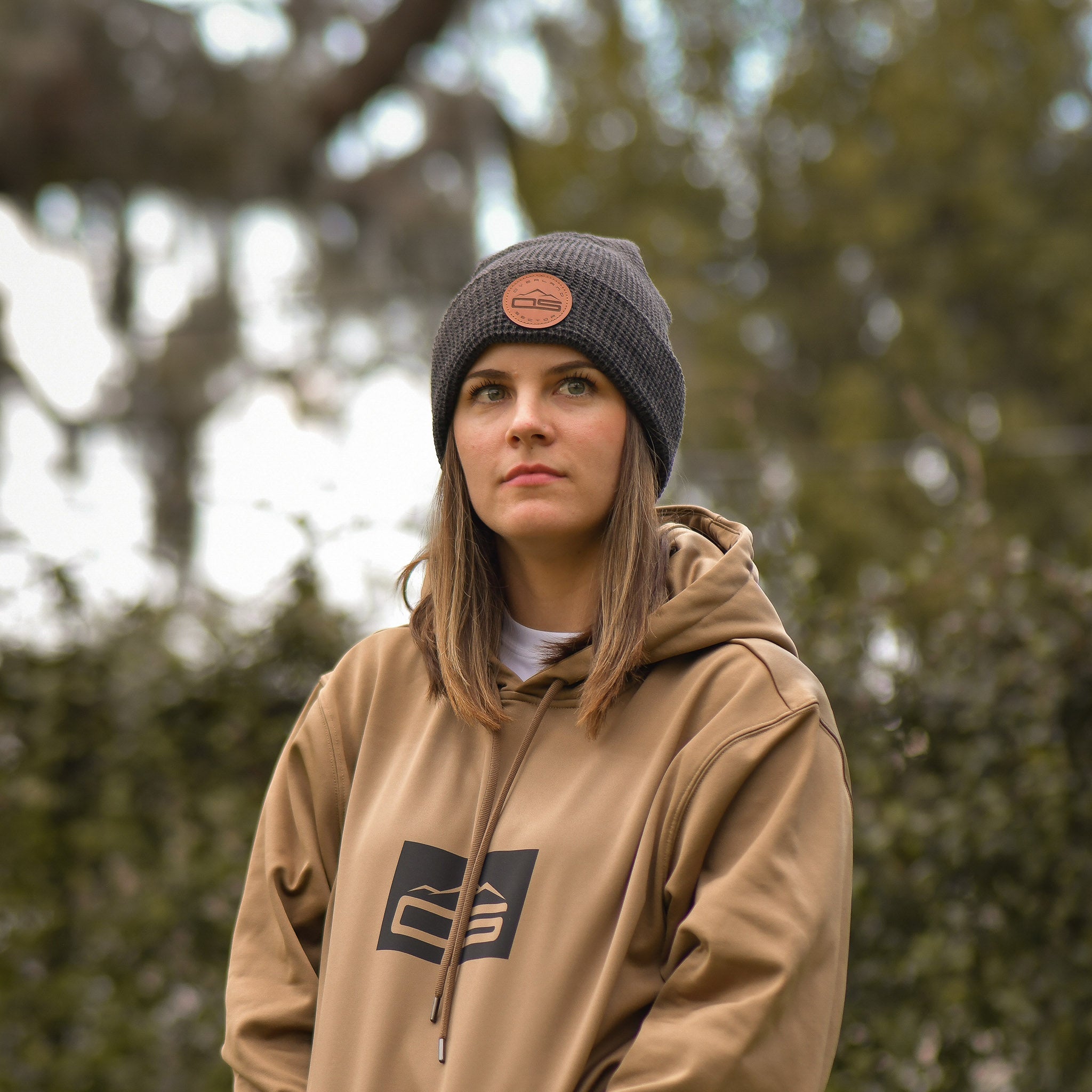 overland sector richardson 146 waffle knit grey beanie brown leather patch