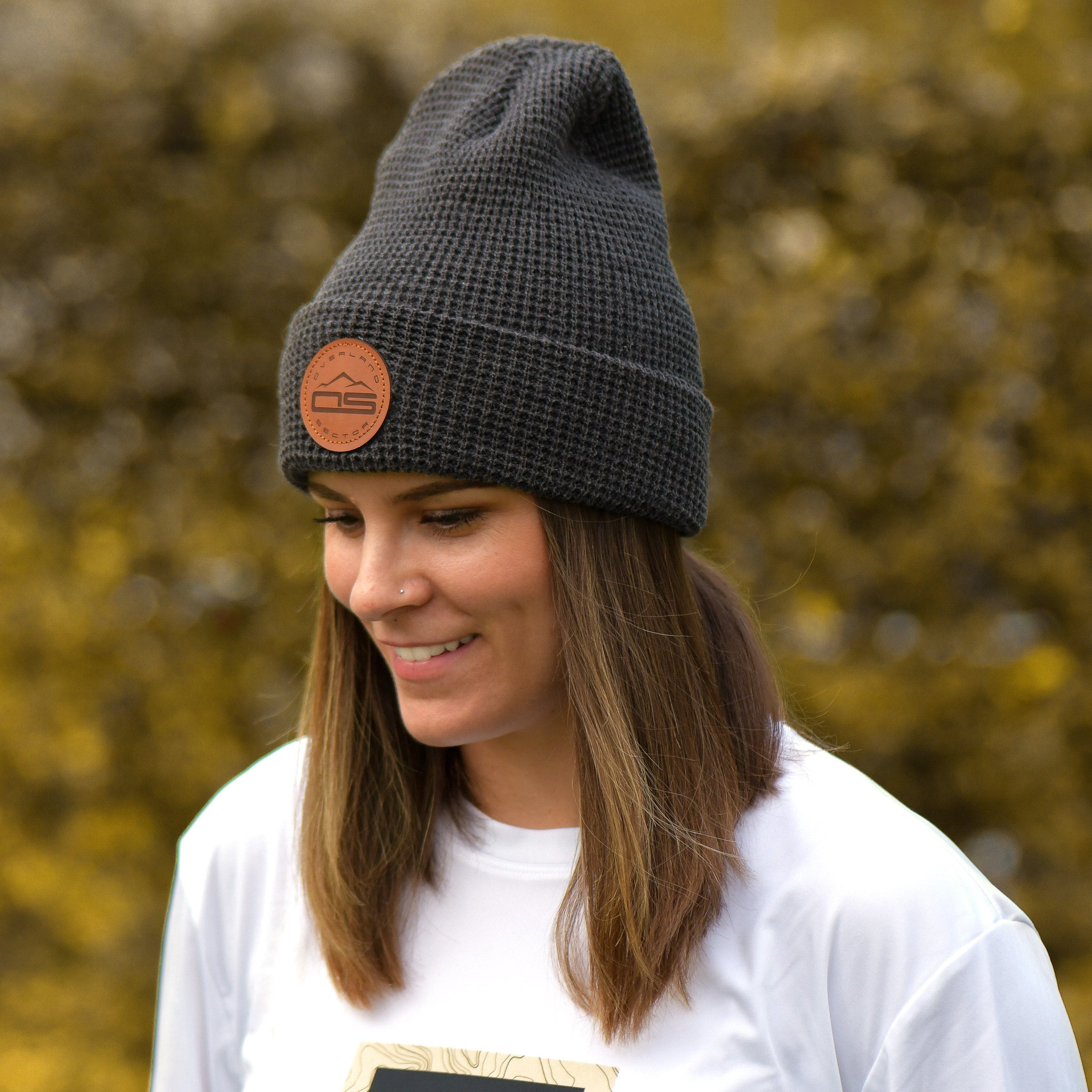 overland sector richardson 146 waffle knit grey beanie brown leather patch