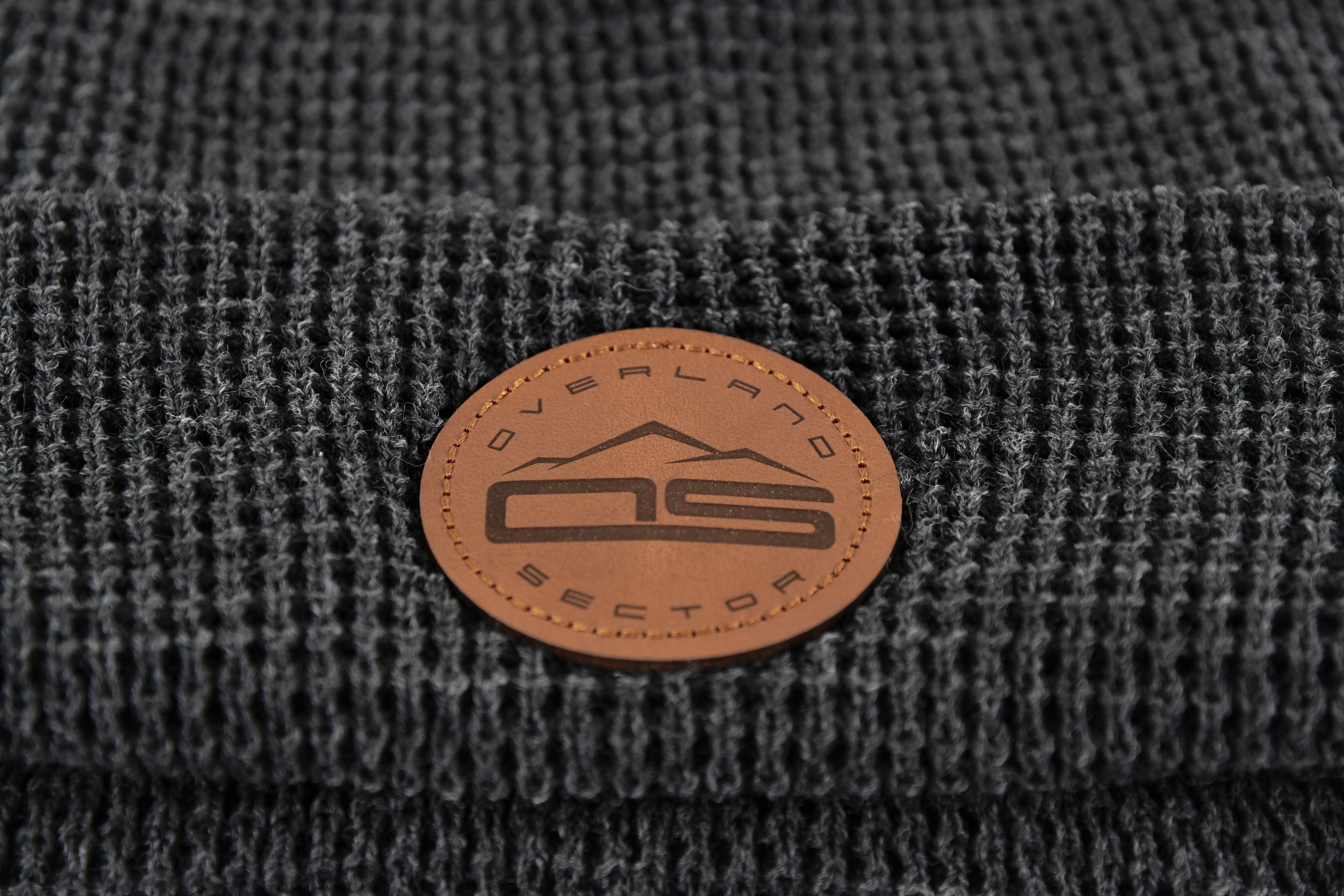 overland sector richardson 146 waffle knit grey beanie brown leather patch