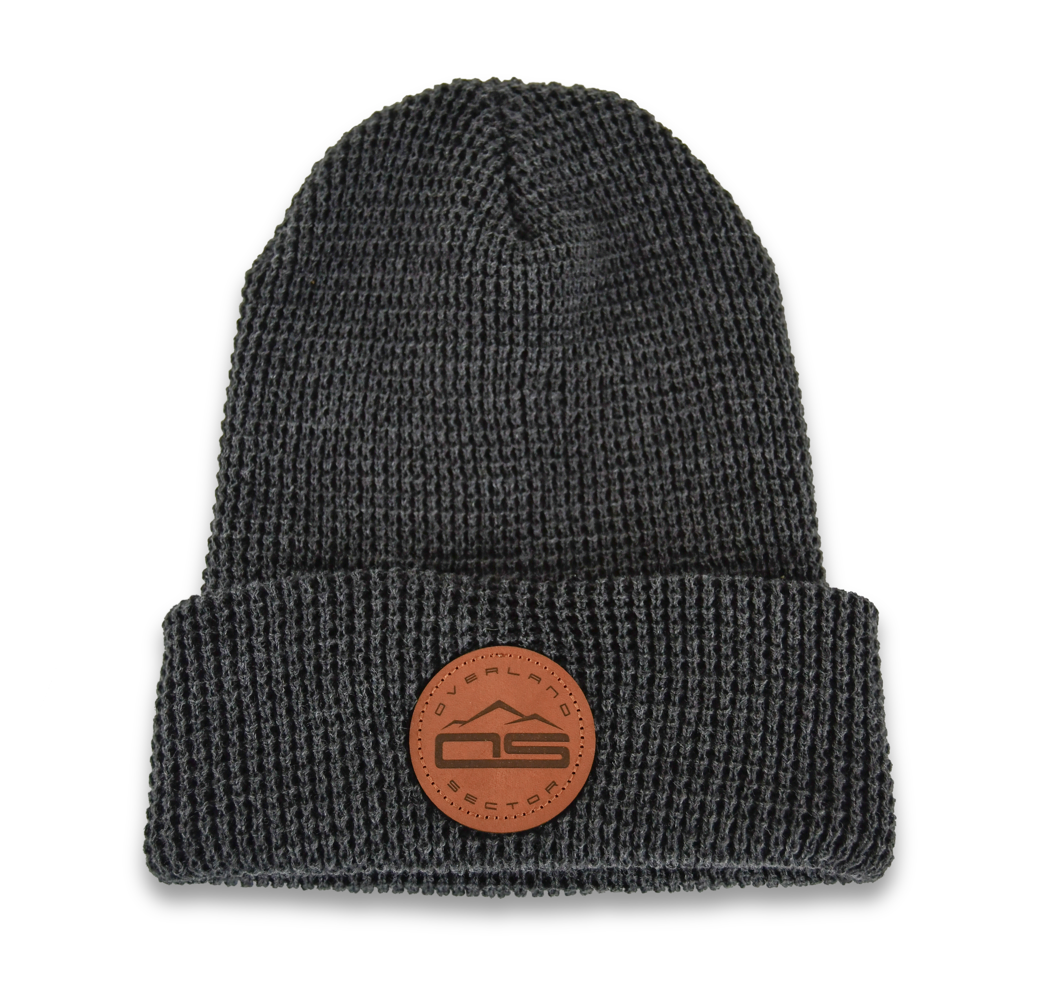 overland sector richardson 146 waffle knit grey beanie brown leather patch
