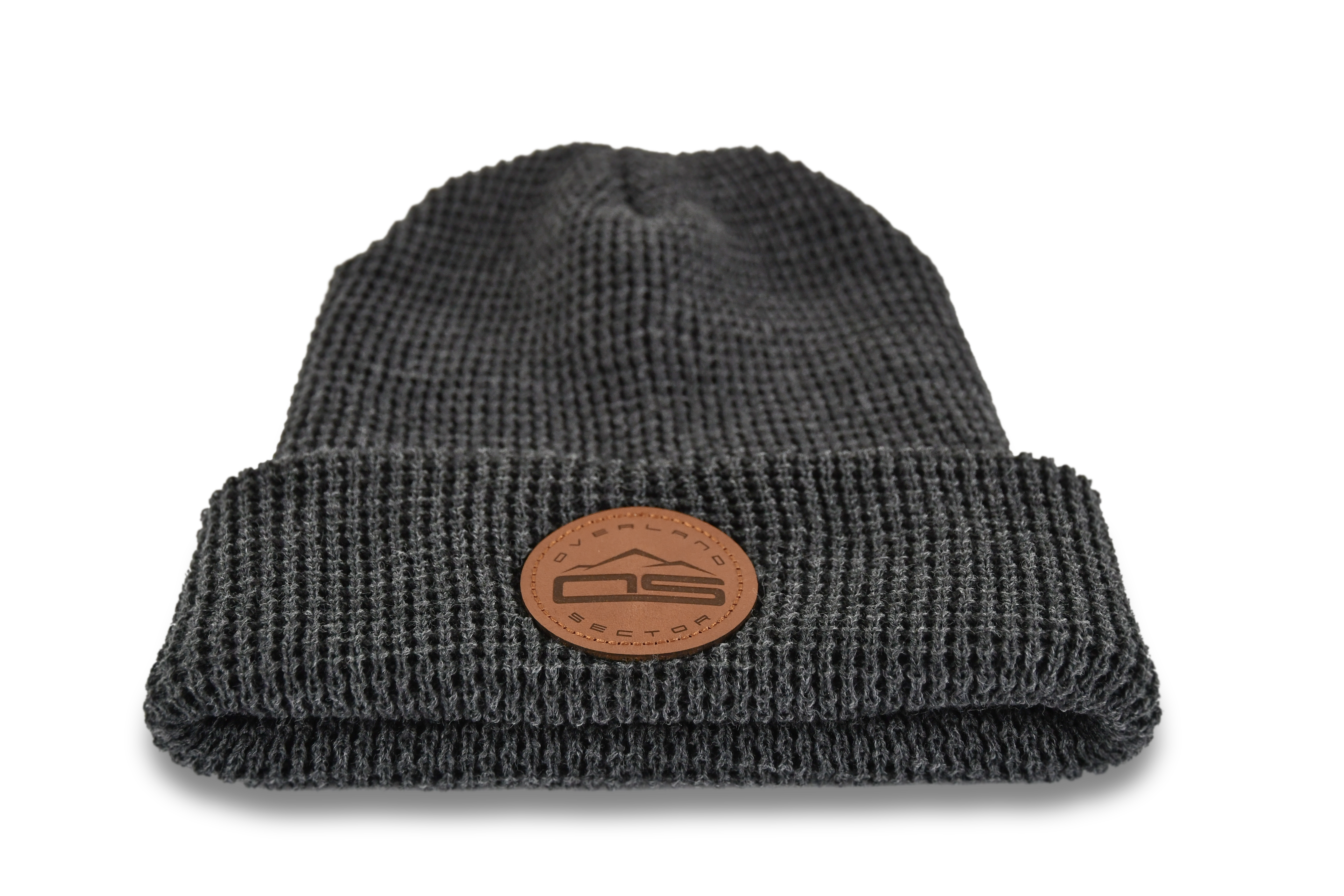 overland sector richardson 146 waffle knit grey beanie brown leather patch