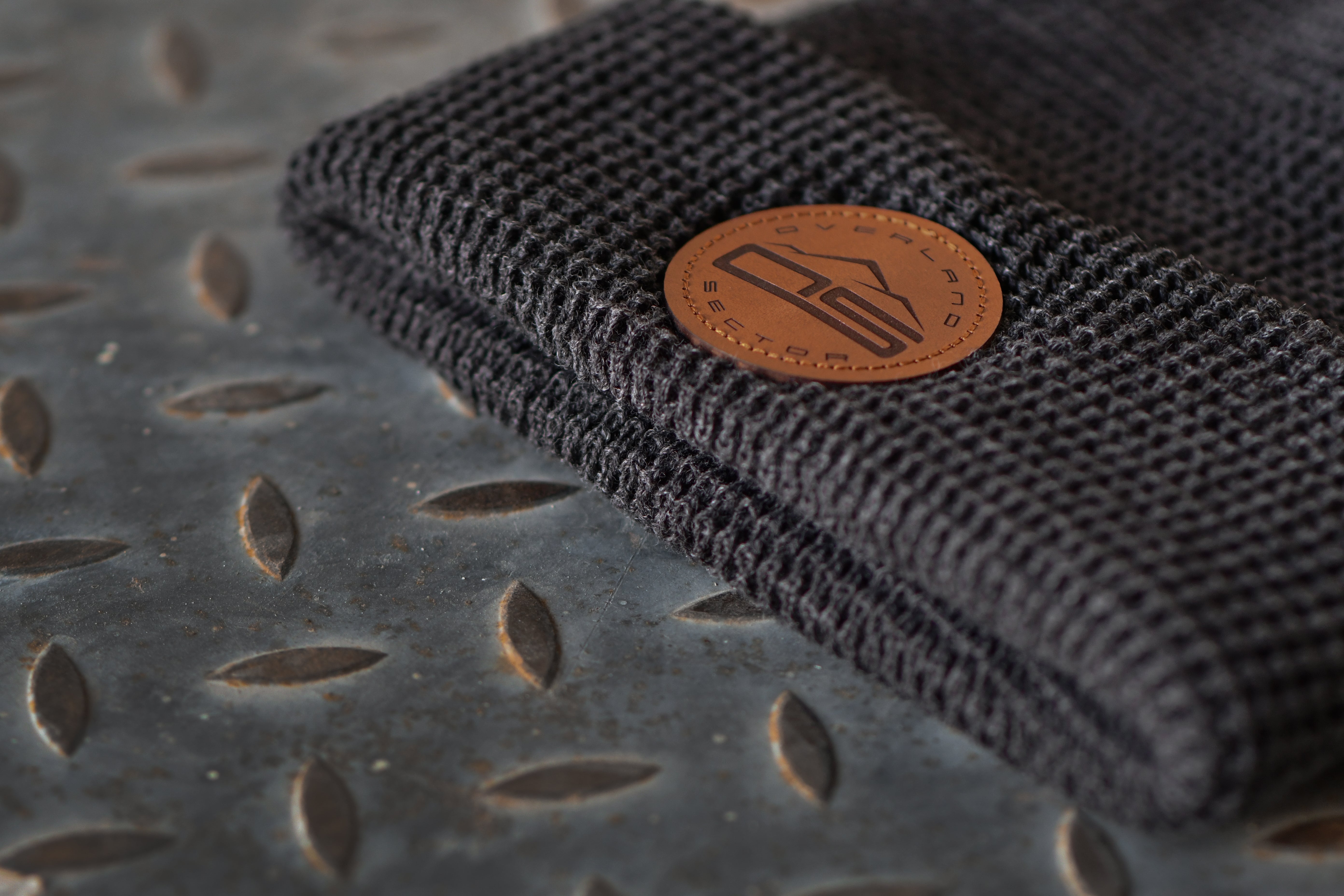 overland sector richardson 146 waffle knit grey beanie brown leather patch