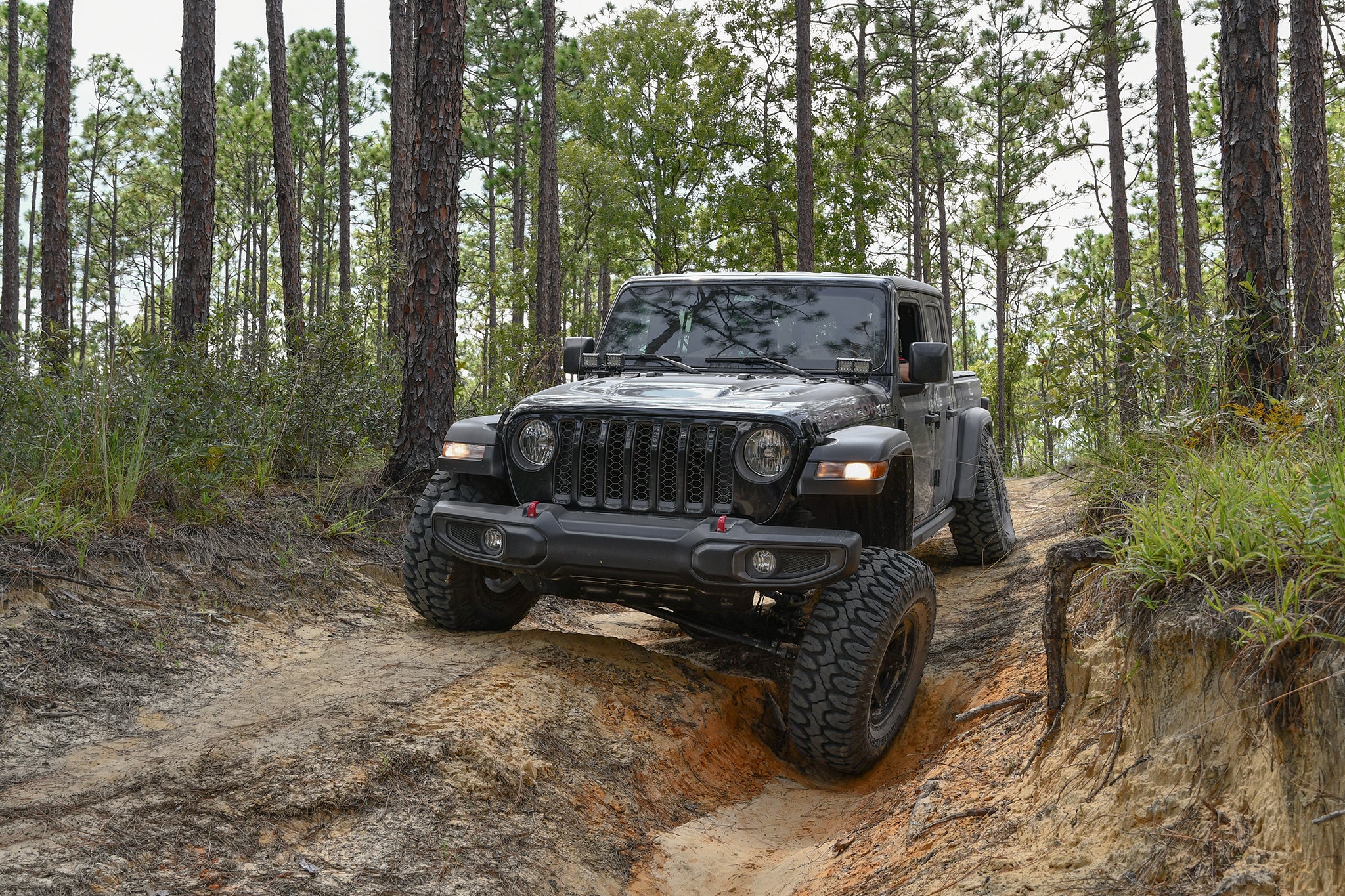 overland sector wheels jeep gladiator rubicon on 17x9 satin black atlas wheels on dirt trail in woods