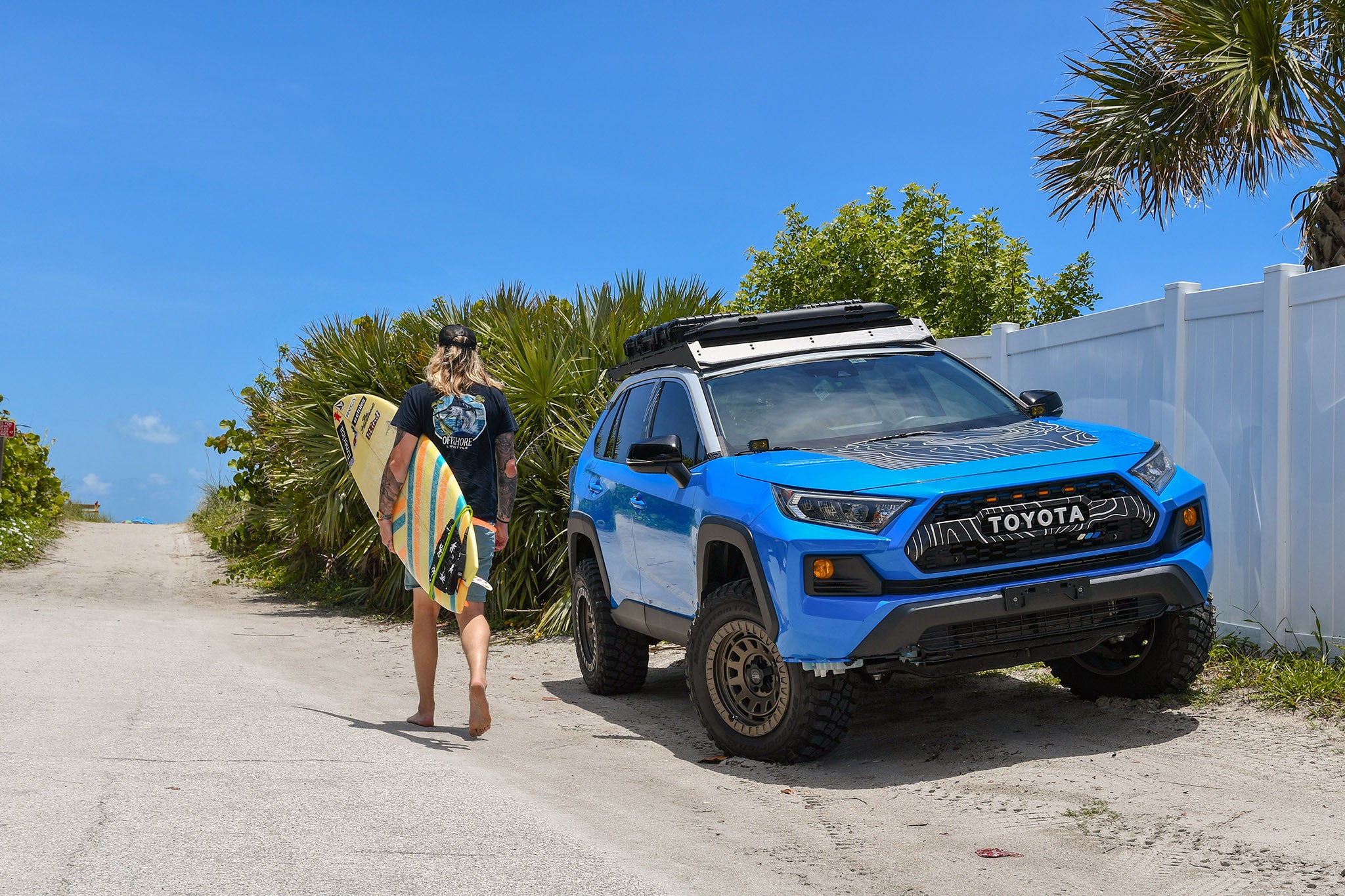 overland sector wheels rig gallery kj's toyota rav4 off-road trail on 17x9 satin bronze venture wheels 3 inch lift 32 inch tires custom bumper roof rack roof cases on water