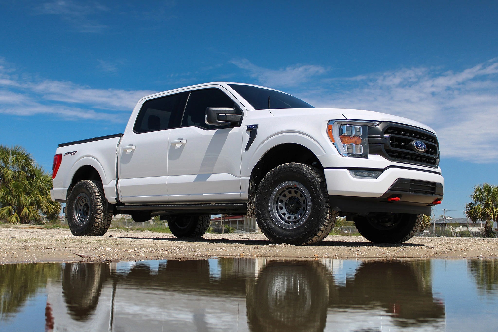 overland sector wheels rig gallery white ford f-150 on 17x9 satin gray venture wheels 2 inch lift 35 inch tires and more