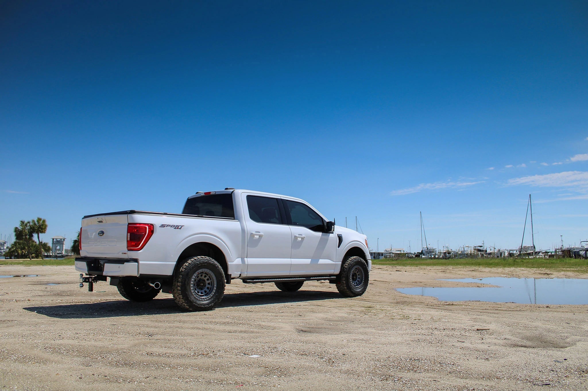 overland sector wheels rig gallery white ford f-150 on 17x9 satin gray venture wheels 2 inch lift 35 inch tires and more