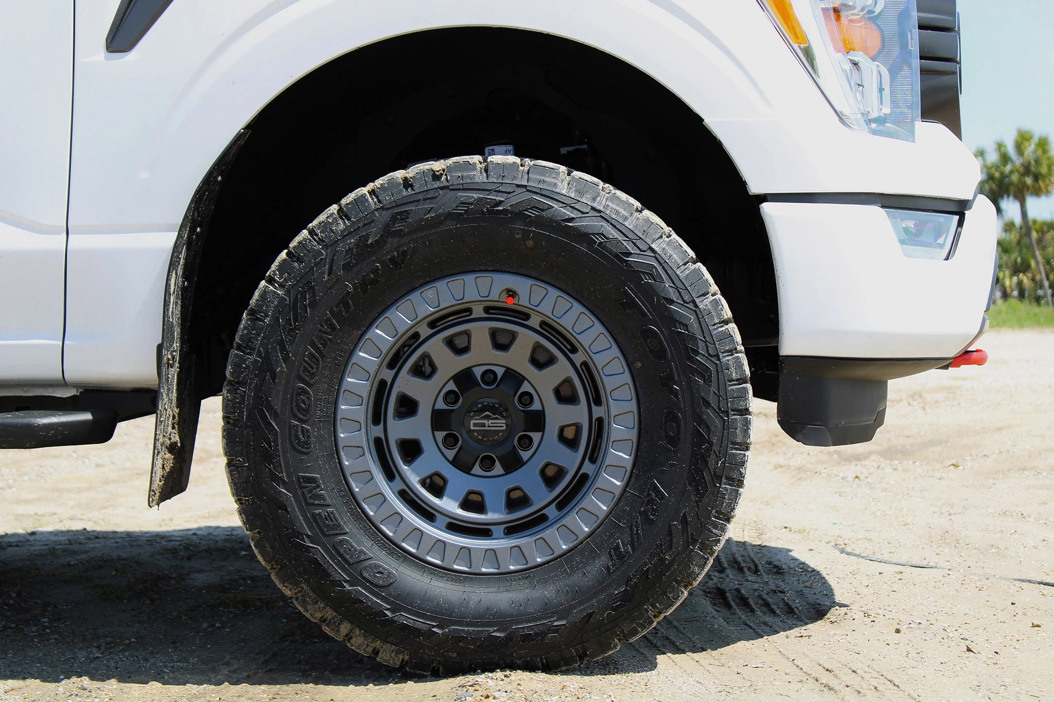 overland sector wheels rig gallery white ford f-150 on 17x9 satin gray venture wheels 2 inch lift 35 inch tires and more