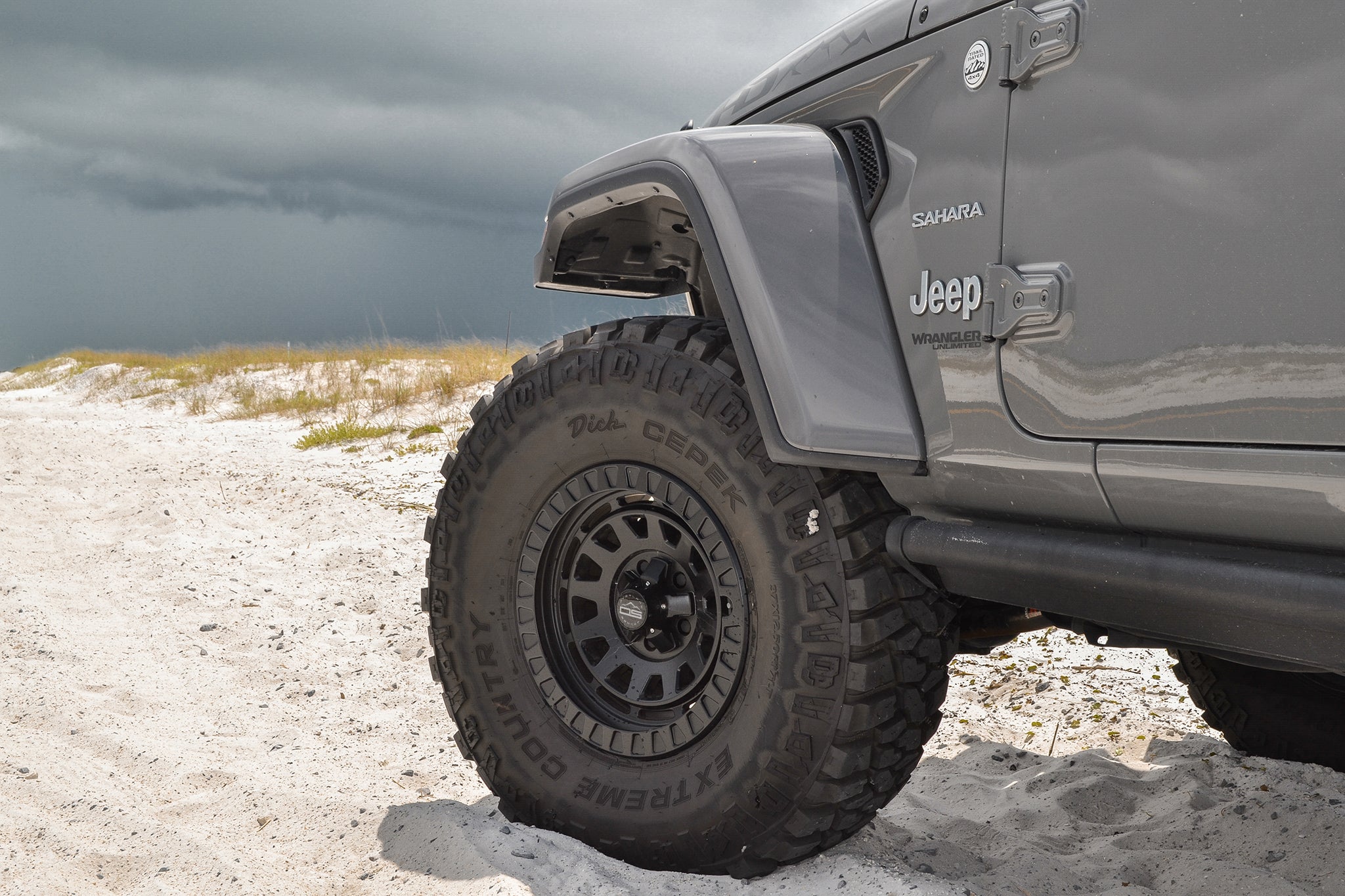 overland sector wheels gray Jeep Wrangler on 17x9 satin black venture wheels on beach