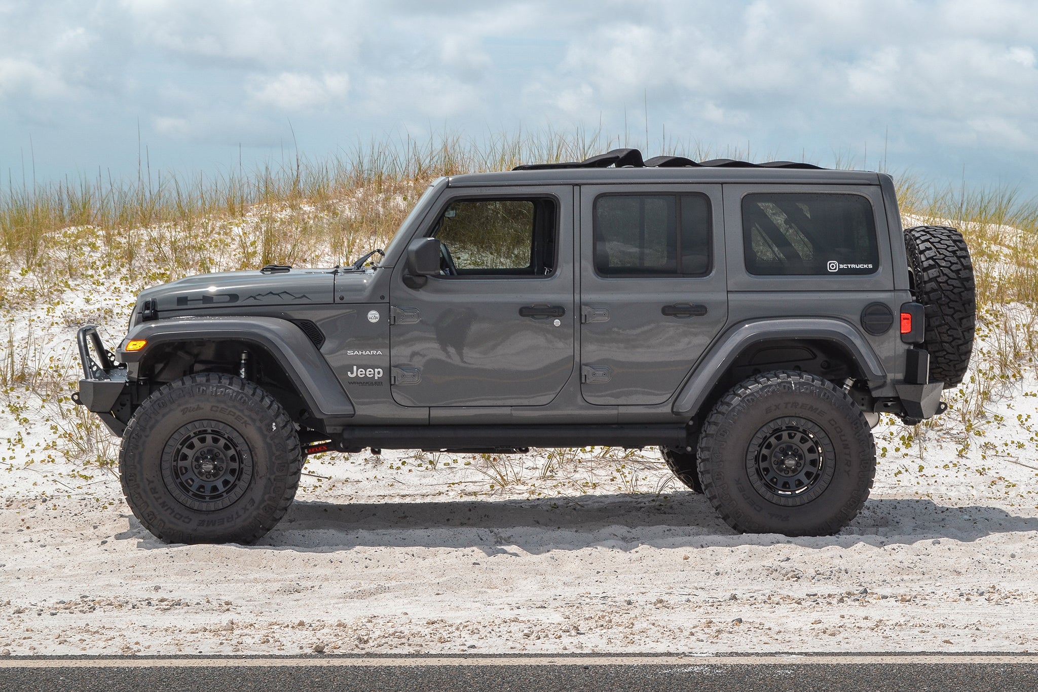 overland sector wheels gray Jeep Wrangler on 17x9 satin black venture wheels on beach