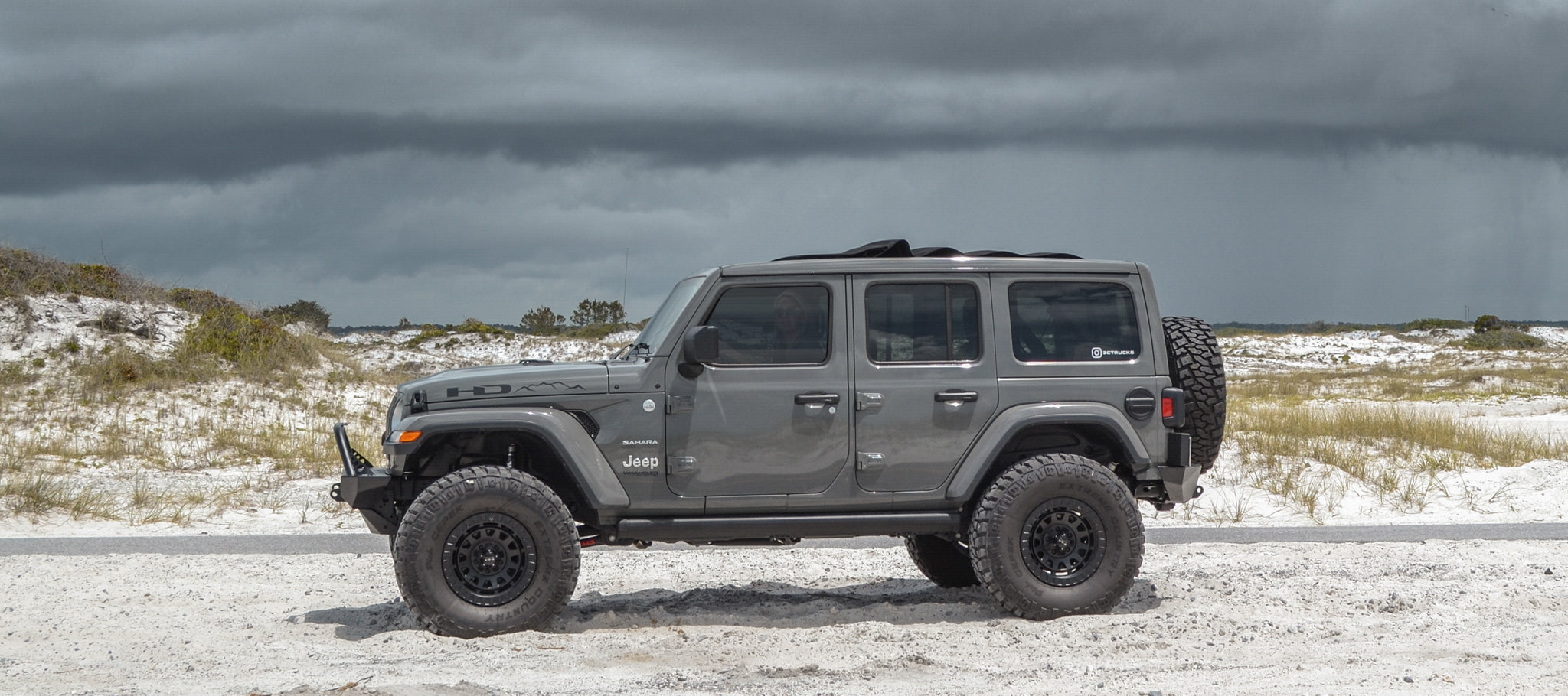 overland sector wheels gray Jeep Wrangler on 17x9 satin black venture wheels on beach